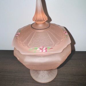 2 Pc Set Vintage Pink Satin Depression Glass Candy Dish w Handpainted Floral Lid